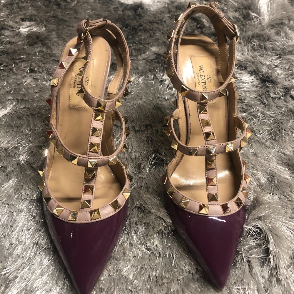 Valentino Rockstud Purple/Lavender Patent Leather Ankle Pump Strap Heels 37 1/2.